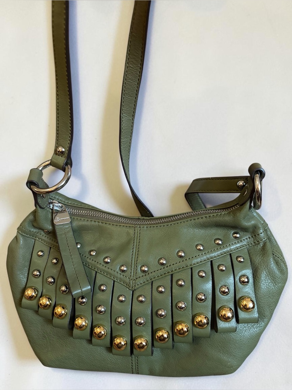 b. makowsky Olive Green Leather Studded Shoulder Bag
